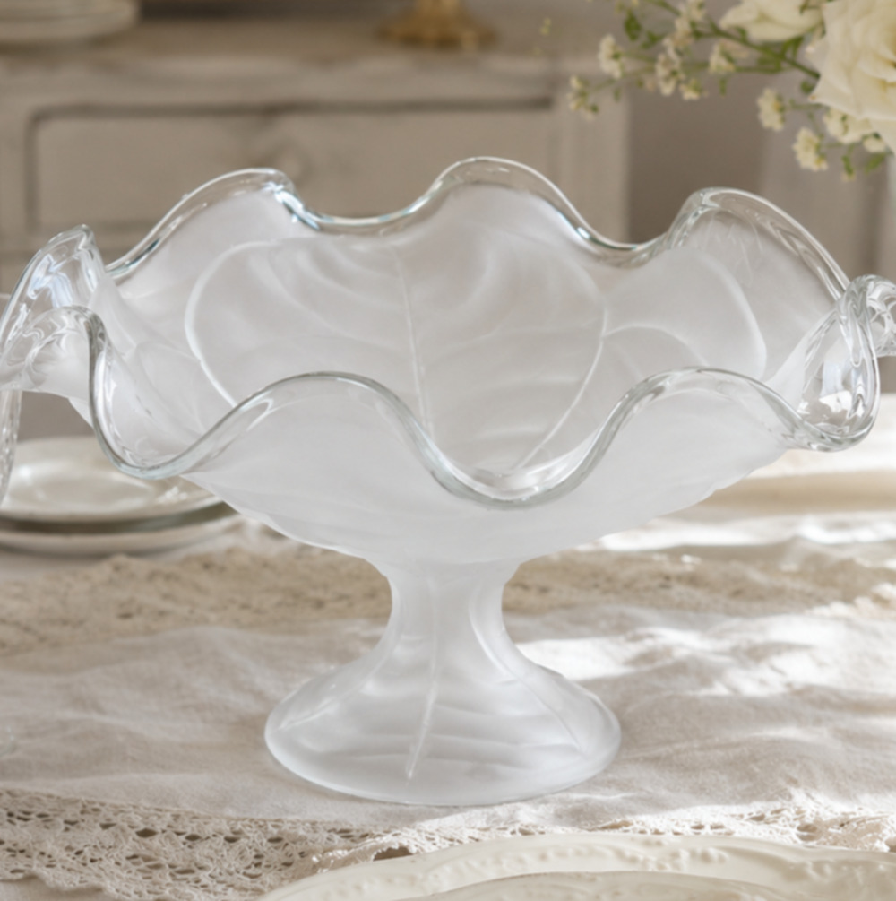 Vintage Viking Glass Cabbage Leaf Compote Bowl Clear Satin Frosted Pedestal 11”